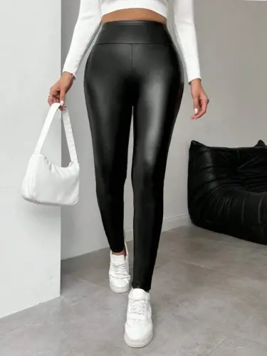 Kadın Yüksek Bel şardonlu Parlak Deri Tayt - 1