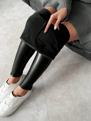 Kadın Yüksek Bel şardonlu Parlak Deri Tayt - 6