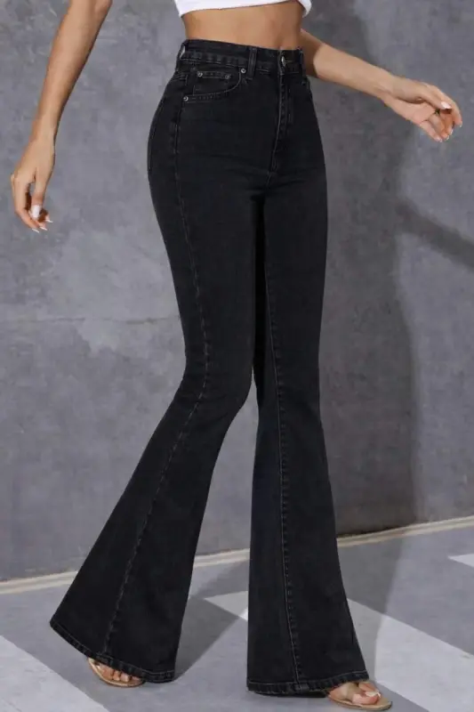 Kadın Yüksek Bel Tek Düğmeli Paçaya Doğru Genişleyen Kot Pantolon - 4