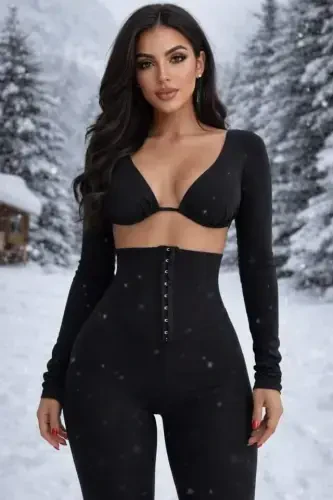 Kadın Yüksek Bel Toparlayıcı Korse Detay Agraflı çelik Kumaş Tayt - 1