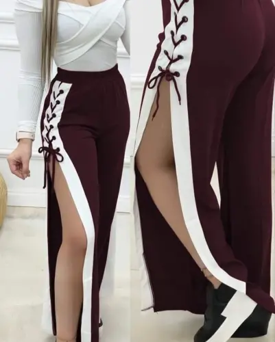 Kadın Yüksek Bel Yandan çapraz Bağcıklı Yırtmaçlı Viskon Iki Iplik Pantolon - BÜYÜKBEDENIZ (1)