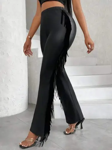 Kadın Yüksek Bel Yanlardan Püsküllü Deri Pantolon - 3