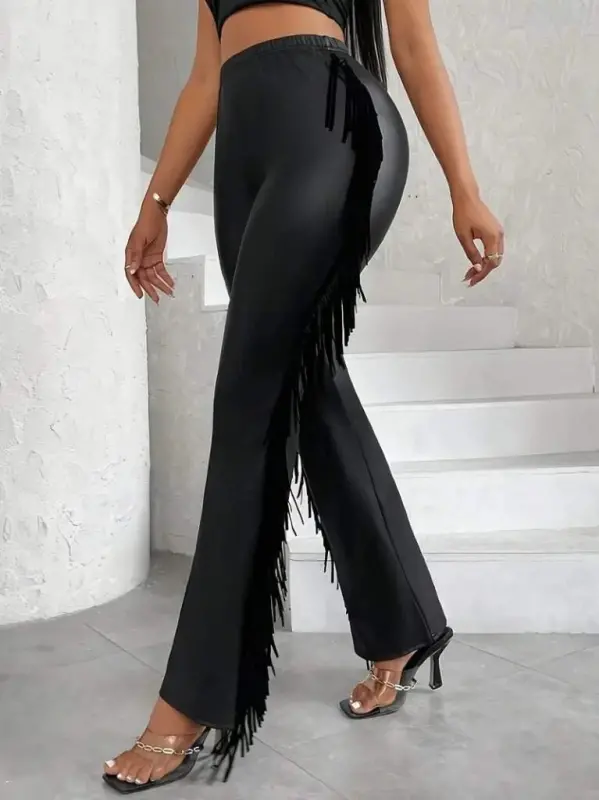 Kadın Yüksek Bel Yanlardan Püsküllü Deri Pantolon - 3