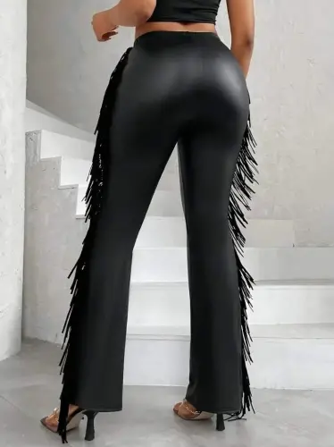 Kadın Yüksek Bel Yanlardan Püsküllü Deri Pantolon - 5