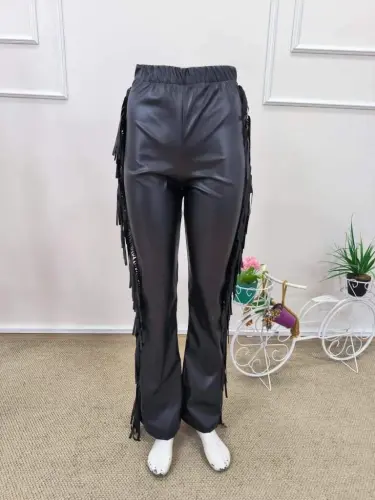 Kadın Yüksek Bel Yanlardan Püsküllü Deri Pantolon - 6