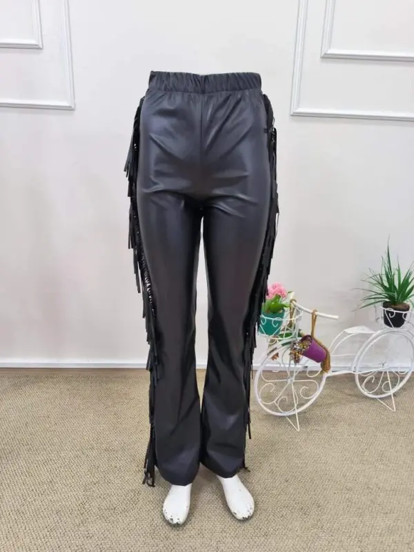 Kadın Yüksek Bel Yanlardan Püsküllü Deri Pantolon - 6