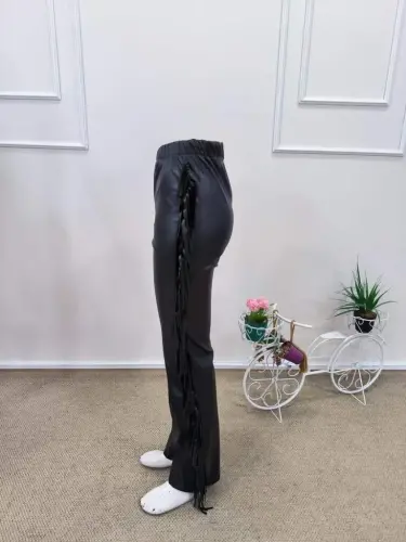 Kadın Yüksek Bel Yanlardan Püsküllü Deri Pantolon - 7