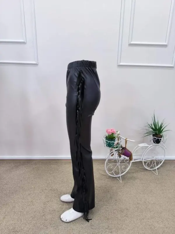 Kadın Yüksek Bel Yanlardan Püsküllü Deri Pantolon - 7