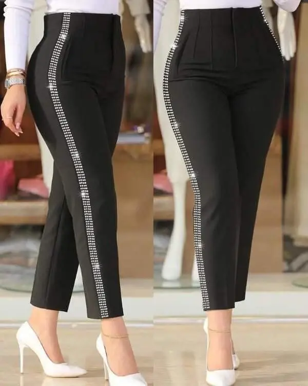 Kadın Yüksek Bel Yanlardan Taş Detaylı Ithal Krep Pantolon - 3