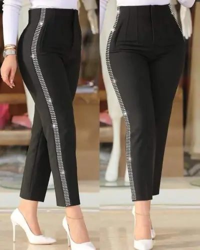 Kadın Yüksek Bel Yanlardan Taş Detaylı Ithal Krep Pantolon - 3