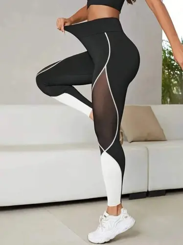 Kadın Yüksek Bel Yanlardan Tül Detaylı çift Renkli Spor Dalgıç Tayt - 1