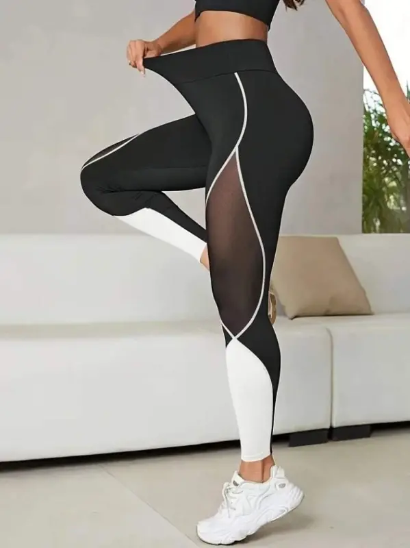 Kadın Yüksek Bel Yanlardan Tül Detaylı çift Renkli Spor Dalgıç Tayt - 1