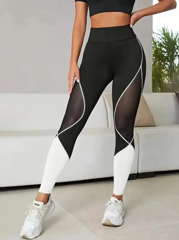 Kadın Yüksek Bel Yanlardan Tül Detaylı çift Renkli Spor Dalgıç Tayt - 3