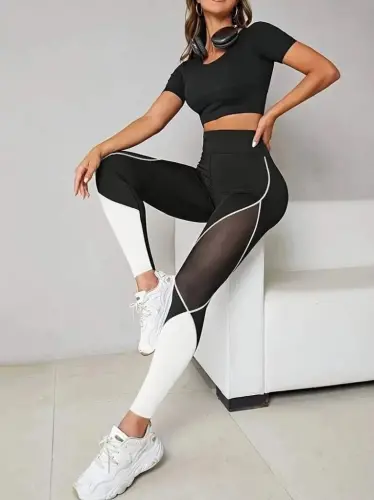 Kadın Yüksek Bel Yanlardan Tül Detaylı çift Renkli Spor Dalgıç Tayt - BÜYÜKBEDENIZ (1)