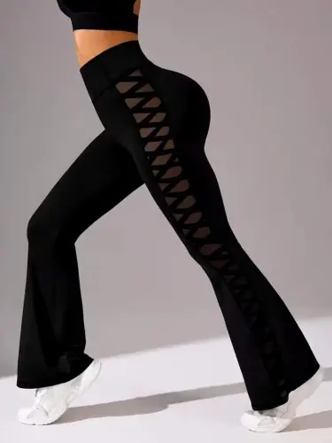 Kadın Yüksek Bel Yanları çapraz Tül Detaylı Dalgıç Tayt - 1