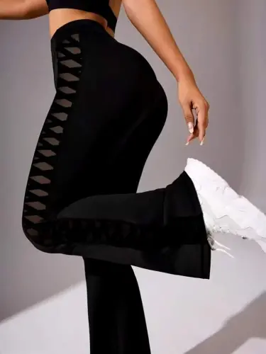 Kadın Yüksek Bel Yanları çapraz Tül Detaylı Dalgıç Tayt - 3