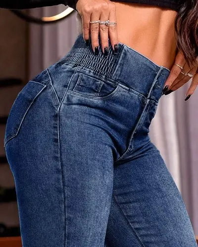 Kadın Yüksek Bel Yanları Lastik önü Düğmeli Kot Pantolon - 2