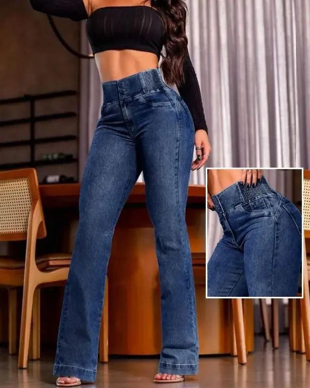 Kadın Yüksek Bel Yanları Lastik önü Düğmeli Kot Pantolon - BÜYÜKBEDENIZ