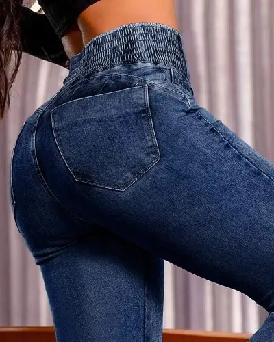 Kadın Yüksek Bel Yanları Lastik önü Düğmeli Kot Pantolon - 4