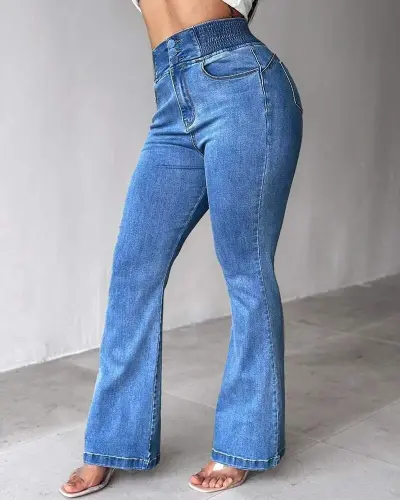 Kadın Yüksek Bel Yanları Lastik önü Düğmeli Kot Pantolon - 7