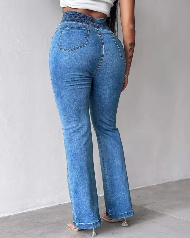 Kadın Yüksek Bel Yanları Lastik önü Düğmeli Kot Pantolon - 9