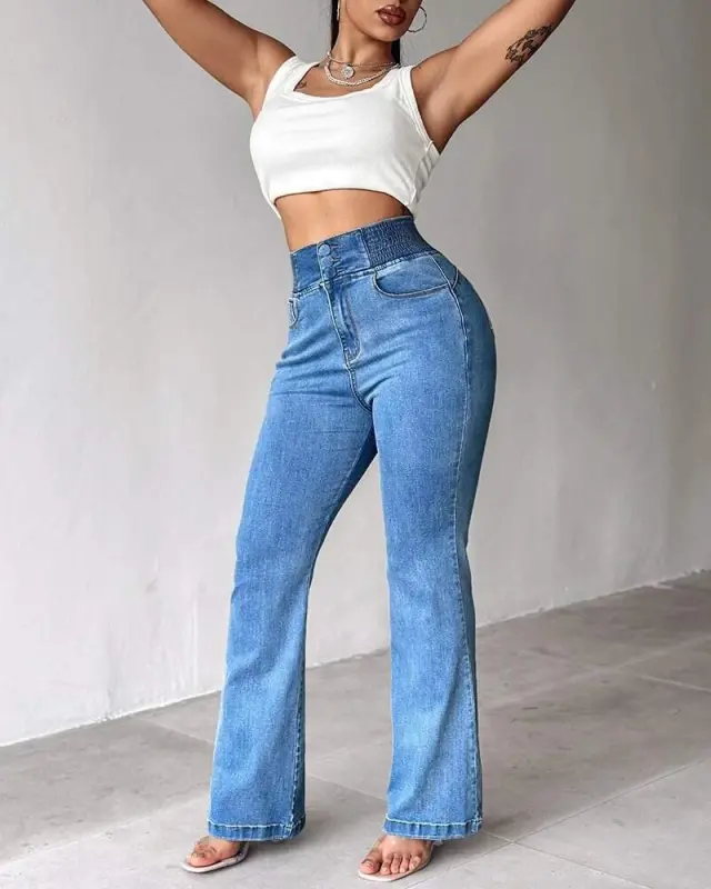 Kadın Yüksek Bel Yanları Lastik önü Düğmeli Kot Pantolon - 10