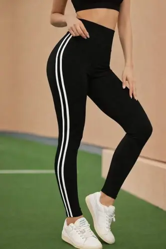 Kadın Yüksek Bel Yanları şerit Detaylı Uzun Sporcu Tayt - 3