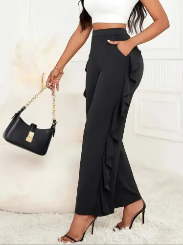 Kadın Yüksek Bel Yanları Volanlı Cepli Sandy Pantolon - BÜYÜKBEDENIZ (1)