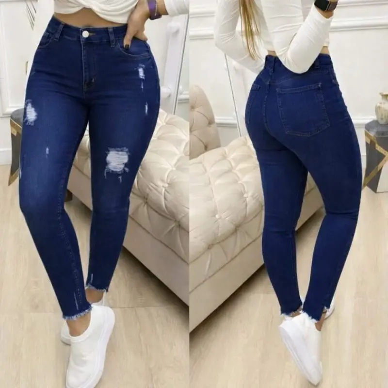 Kadın Yüksek Bel Yırtık Desenli Skınny Kot Pantolon - 1