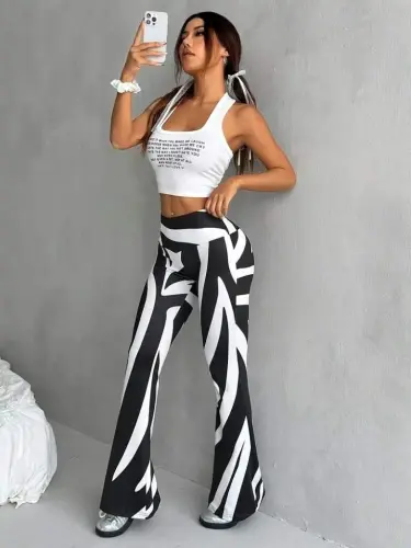 Kadın Yüksek Bel Zebra Desenli Dalgıç Tayt - 3