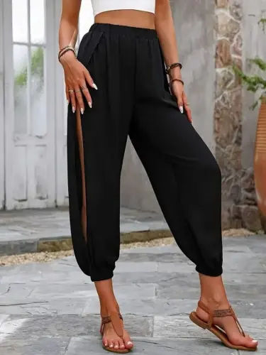 Kadın Yüksek Belli Yanlardan çapraz Detay Yırtmaçlı Viskon Pantolon - BÜYÜKBEDENIZ (1)