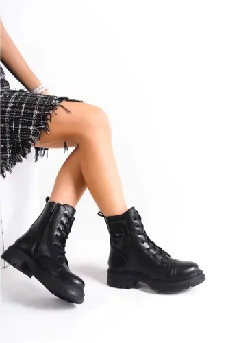 Kadın Yüksek Tabanlı Çanta Detaylı Cilt Bot .. TAIM MARKASI-SIYAH .. TAIM 