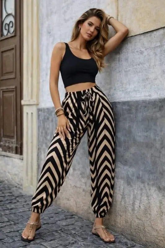 Kadın Yüksel Bel Belı Lastikli Belden Bagcıklı Desenli Süprem Pantolon - 3