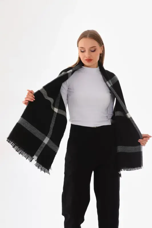 Kadın Yumuşak Dokulu Ekose Atkı Unisex-Siyah - 3