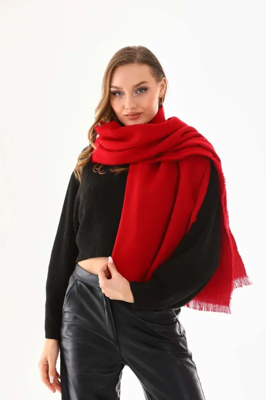 Kadın Yumuşak Dokulu Kırmızı Düz Atkı-Kırmızı - 2