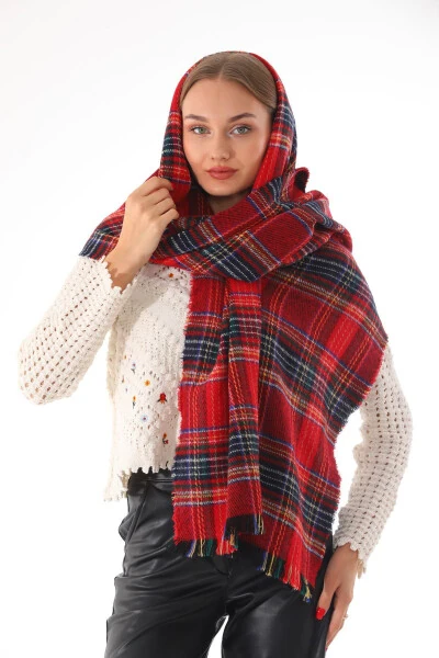 Kadın Yumuşak Dokulu Kırmızı Ekose Atkı-Kırmızı - 4
