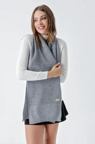 Kadın Yumuşak Tuşeli Örgü Detaylı Atkı Gri 24W1321-Gri 