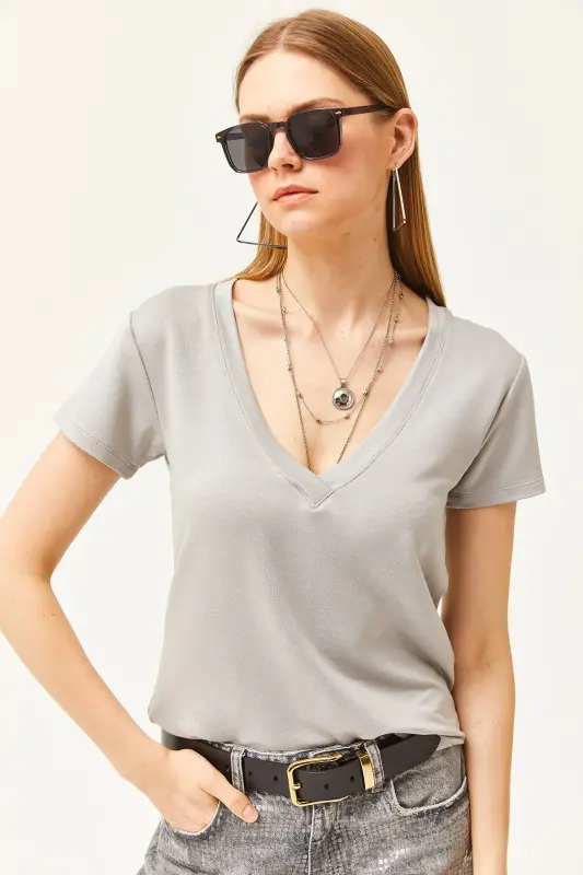 Kadın Yunus Gri Derin V Yaka Modal Tuşeli Tişört TSH-19000773-Yunus Gri - 3