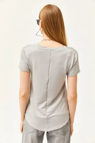 Kadın Yunus Gri Derin V Yaka Modal Tuşeli Tişört TSH-19000773-Yunus Gri - 6