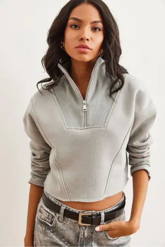 Kadın Yunus Gri Dik Yaka Fermuarlı Şardonlu Crop Kalın Sweatshirt SWT-19000696 - Yunus Gri - 6