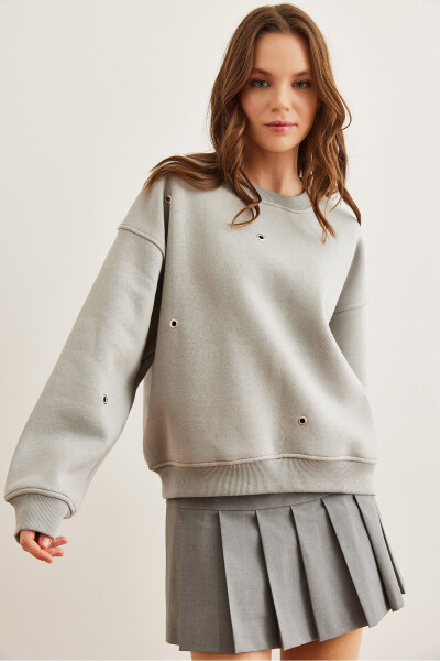 Kadın Yunus Gri Kuş Gözü Detaylı Şardonlu Premium Sweatshirt SWT-19000672 - 1