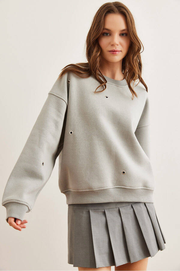 Kadın Yunus Gri Kuş Gözü Detaylı Şardonlu Premium Sweatshirt SWT-19000672 - 1