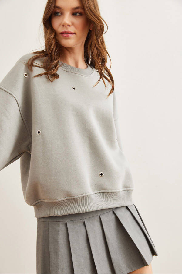 Kadın Yunus Gri Kuş Gözü Detaylı Şardonlu Premium Sweatshirt SWT-19000672 - 3