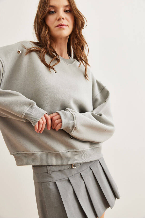 Kadın Yunus Gri Kuş Gözü Detaylı Şardonlu Premium Sweatshirt SWT-19000672 - 4