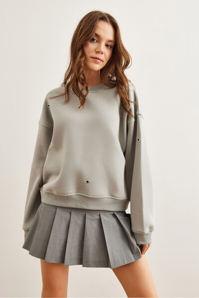 Kadın Yunus Gri Kuş Gözü Detaylı Şardonlu Premium Sweatshirt SWT-19000672 - 6