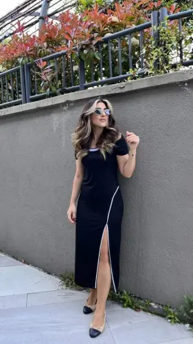 Kadın Yuvarlak Ribana Yaka Beyaz Yırtmaç Detaylı Viskon Tam Boy Elbise - BÜYÜKBEDENIZ (1)