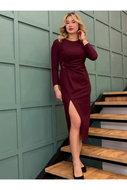 Kadın Yuvarlak Yaka Elbise-Bordo - AYHAN