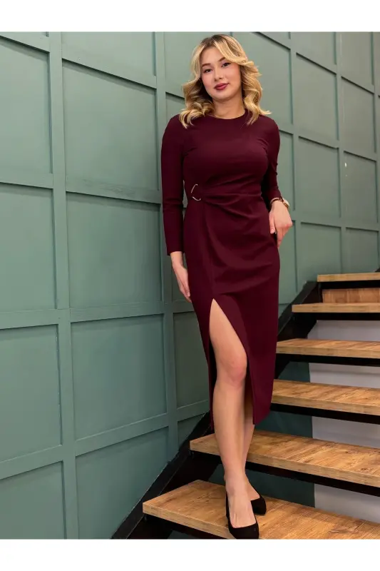 Kadın Yuvarlak Yaka Elbise-Bordo - 3