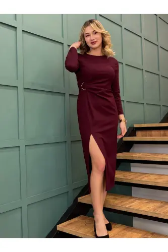 Kadın Yuvarlak Yaka Elbise - Bordo - AYHAN (1)