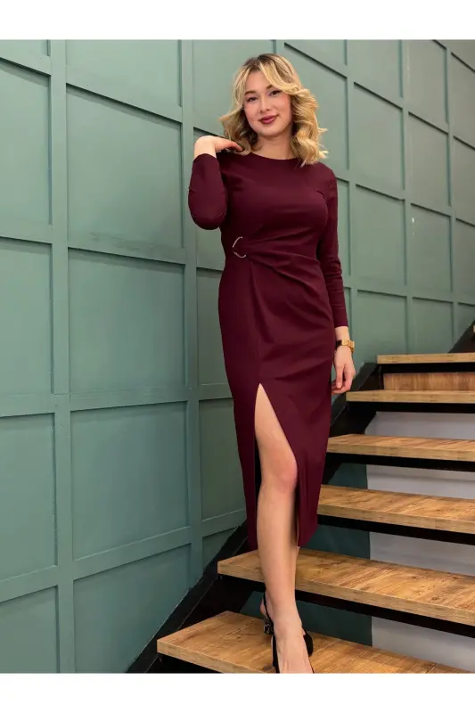 Kadın Yuvarlak Yaka Elbise - Bordo - 4